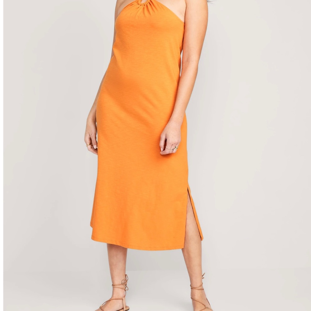 old navy halter dress Women's The Occasion Fit And Flare Satin Midi - Black scoop neck sleeveless halter tie at neck beaded detail semi Halter Neck Dresses | Old